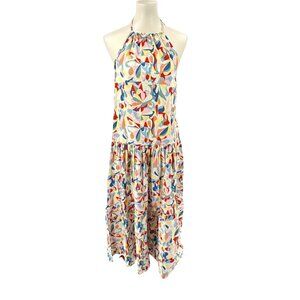 Taylor Tillman Cotton Halter Maxi Dress With Abstract Pattern & Tiered Skirt, M
